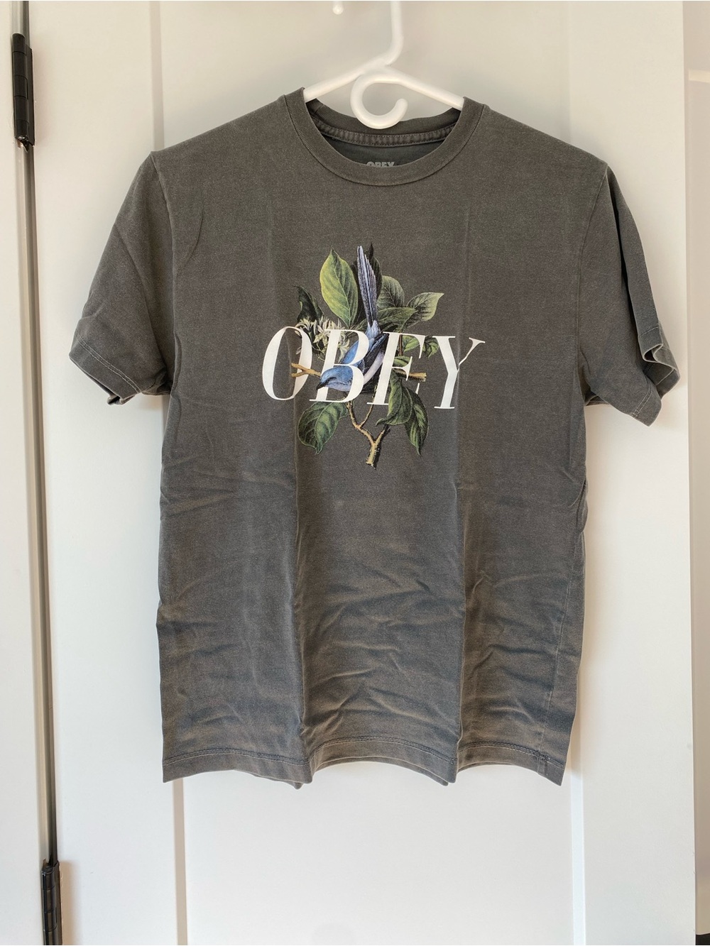 OBEY Women’s Gray Graphic Logo Tee with Botanical Print